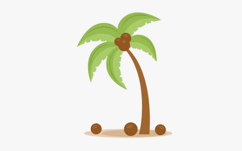 Stylized cartoon palm tree with coconuts on sandy ground, green fronds and brown trunk.