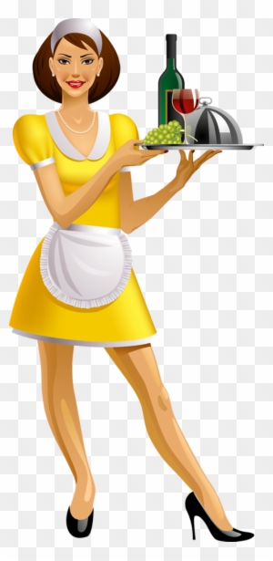 A smiling waitress in a yellow dress and white apron holds a tray with wine, grapes, and a covered dish.