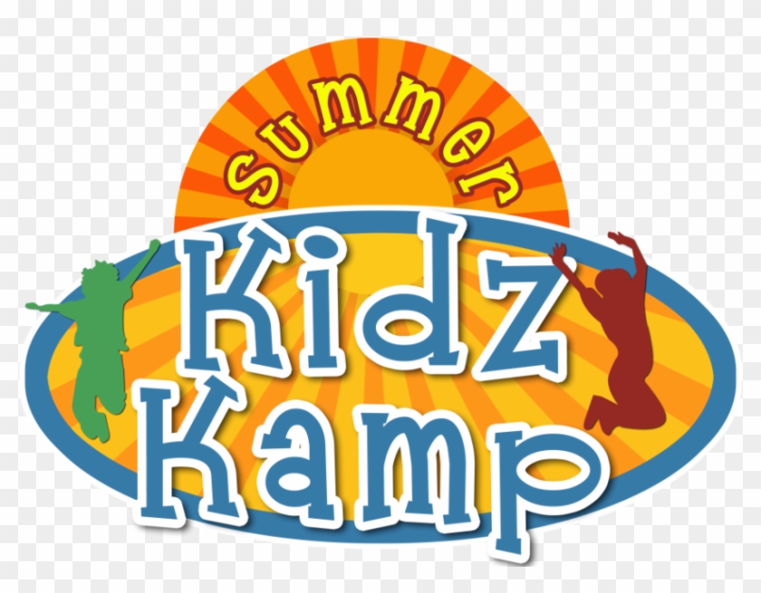 Summer Kidz Kamp logo featuring a sunburst, playful silhouettes of children, and bold colorful text.