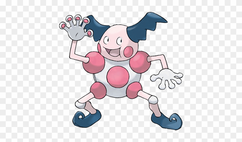 Mr. Mime, a pink-and-white Pokémon with blue hair and gloves, waving cheerfully with a joyful expression.