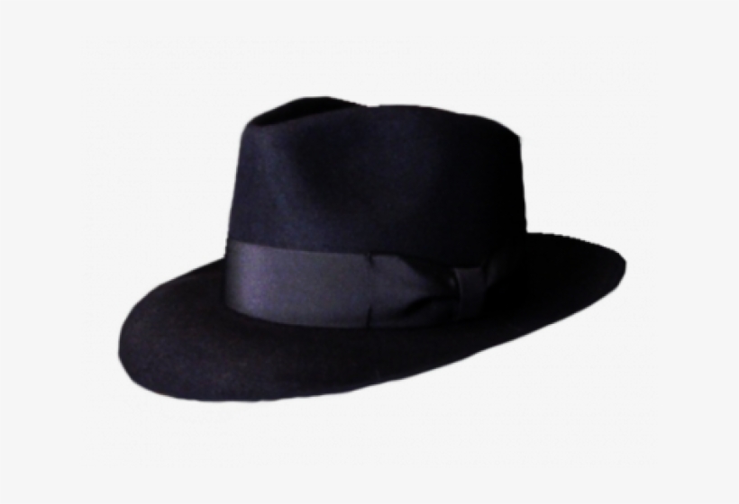 Classic black fedora hat with wide brim and satin band bow, studio shot on white background.