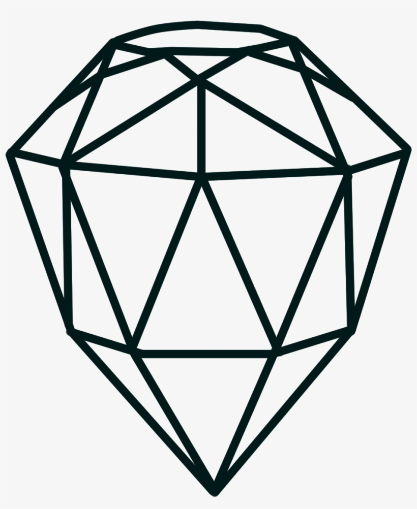 Line art illustration of a faceted diamond with geometric triangular facets and sharp edges.