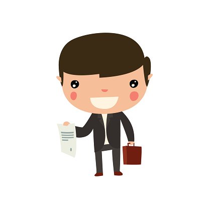 Smiling cartoon businessman holding document and briefcase, dressed in suit.