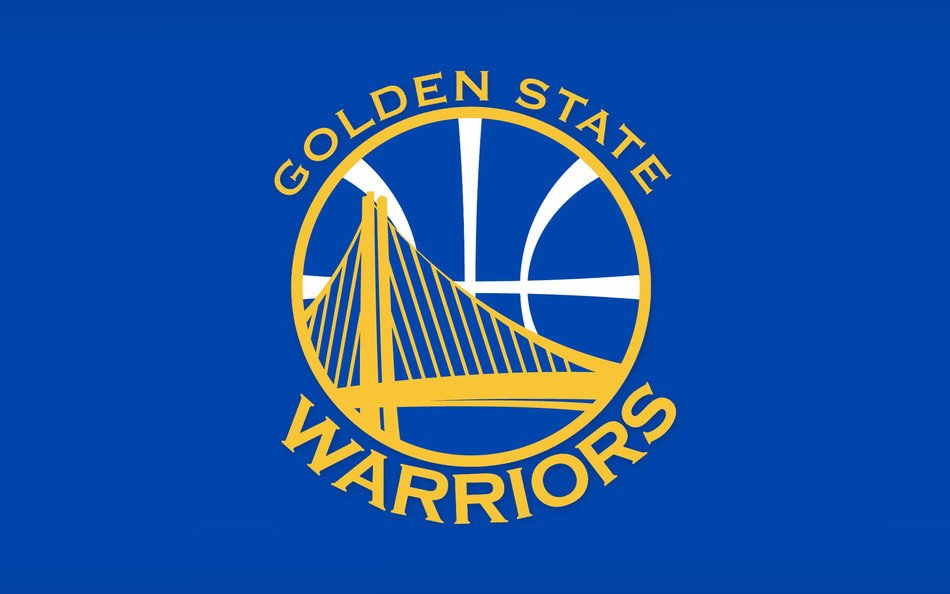 Golden State Warriors logo featuring a yellow Bay Bridge silhouette inside a basketball on blue background.