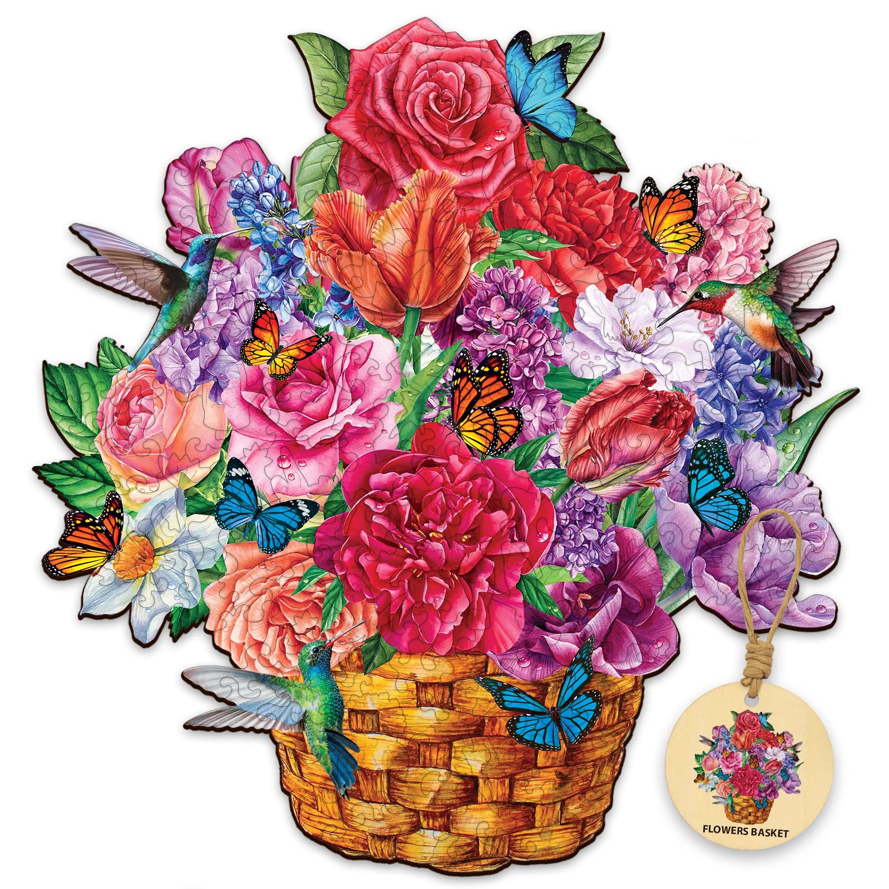 Vibrant floral basket puzzle with roses, tulips, hummingbirds, and butterflies; includes wooden tag labeled "Flowers Basket".