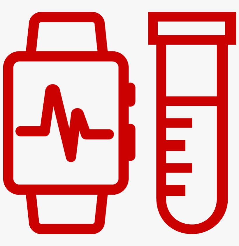 Red icon showing a smartwatch with ECG line next to a lab test tube, symbolizing digital health and clinical diagnostics.
