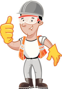 Friendly construction worker in hard hat, safety goggles, and vest giving a thumbs-up gesture.