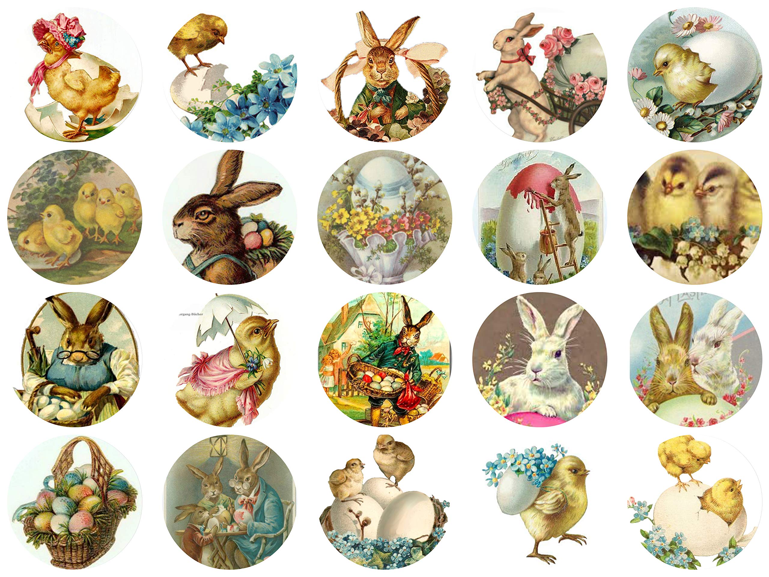 Vintage Easter illustrations featuring bunnies, chicks, eggs, and floral motifs in classic Victorian style.