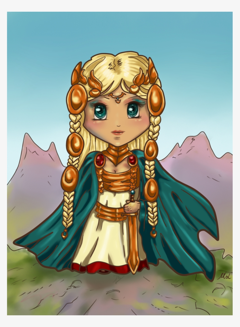 Chibi-style fantasy warrior princess with braided blonde hair, ornate gold ornaments, teal cloak, and sword, standing before mountains.