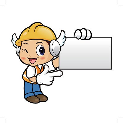 Friendly Construction Worker Mascot Holding Blank Sign - Free Vector Illustration