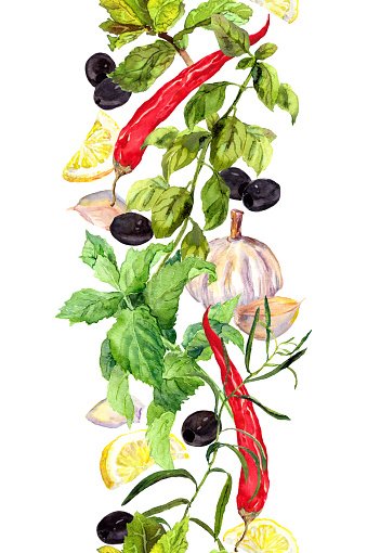Watercolor illustration of fresh herbs, red chilies, garlic, black olives, and lemon slices arranged vertically.