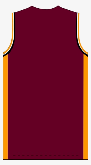 Maroon sleeveless basketball jersey with yellow and black side/neck trim, back view.