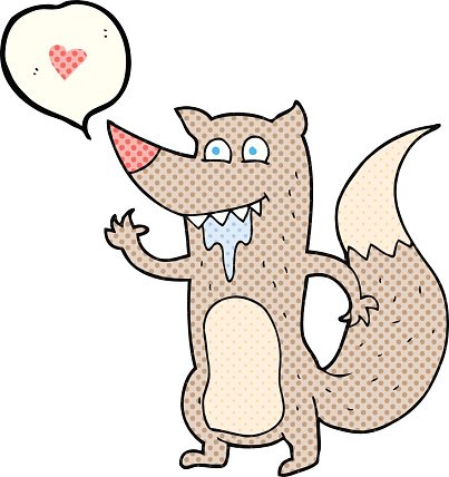 Cartoon fox with drooling mouth, waving paw, and heart speech bubble.