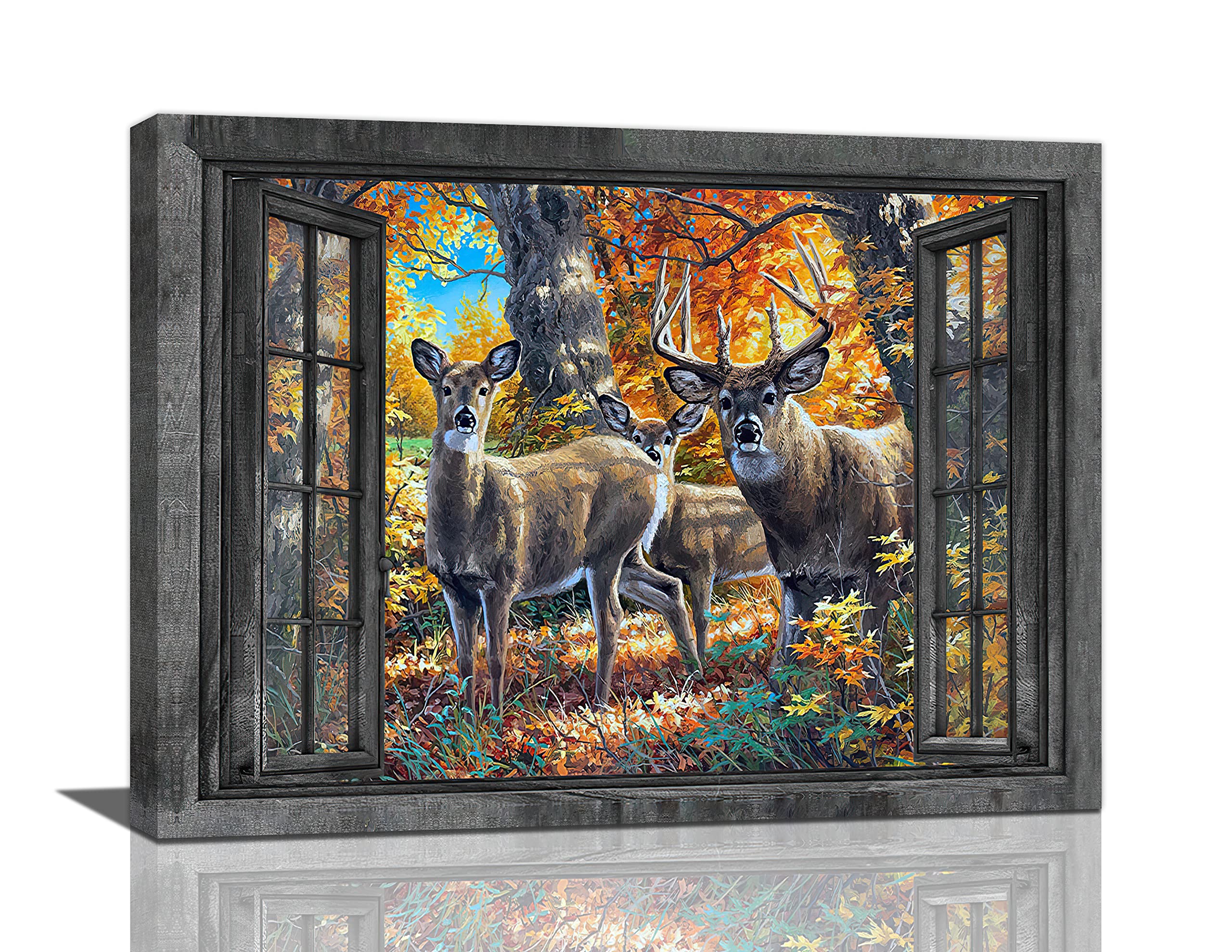 Framed canvas art depicting three deer in autumn forest viewed through an open window with rustic wooden frame.