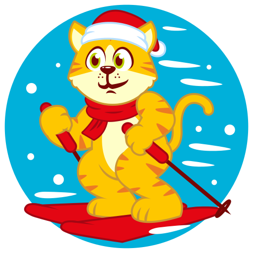 Festive orange tabby cat skiing in snow, wearing Santa hat and red scarf, holding ski poles on red skis.