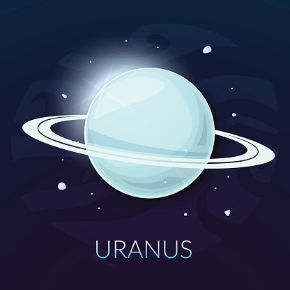 A stylized illustration of Uranus with its faint rings against a starry deep-space background.