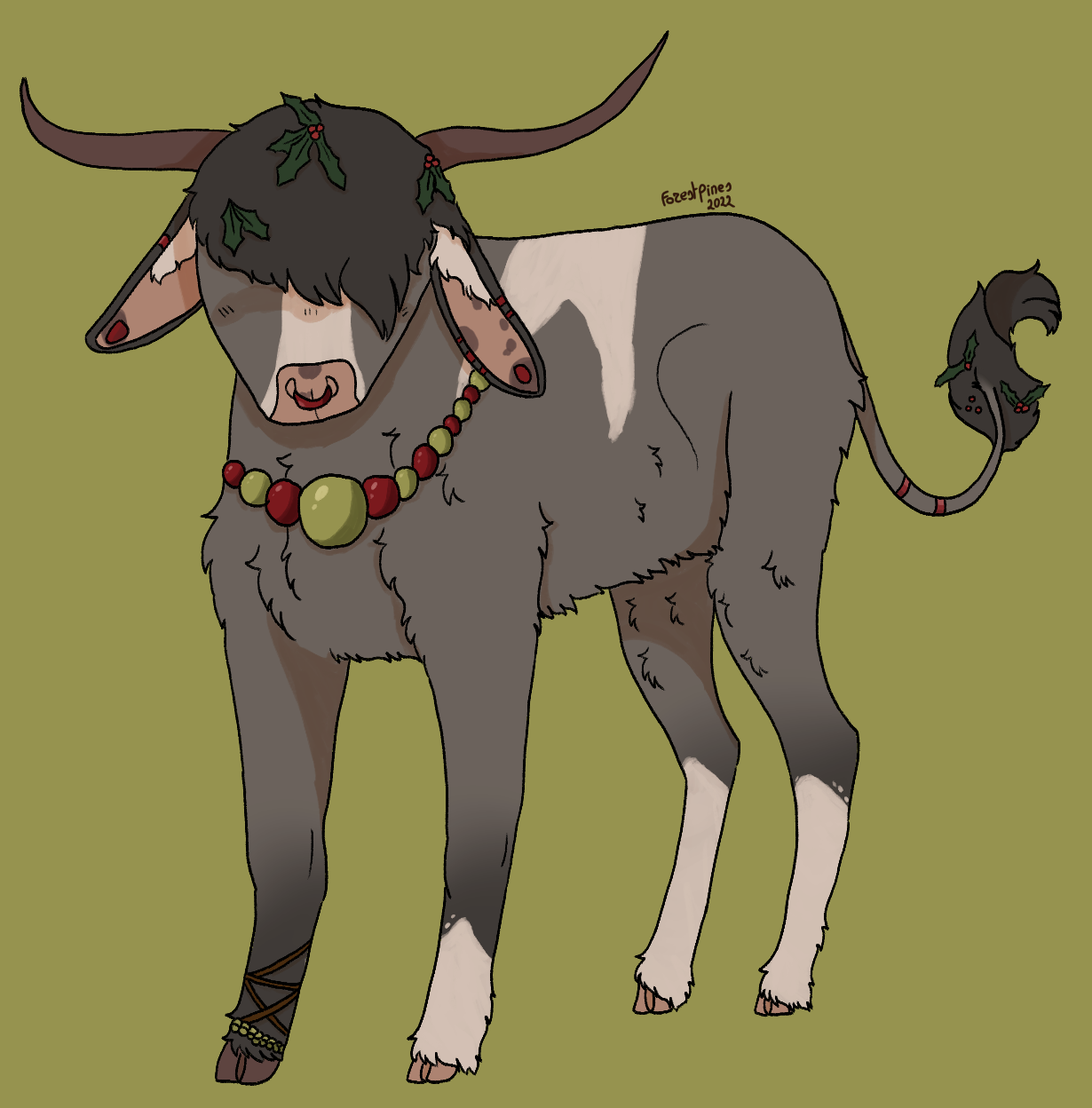 A festive anthropomorphic ox adorned with holly, berries, and a beaded necklace, standing against an olive background.