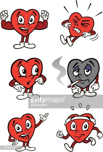 Six cartoon heart characters displaying emotions and behaviors: strong, angry, surprised, smoking, gesturing, and running.