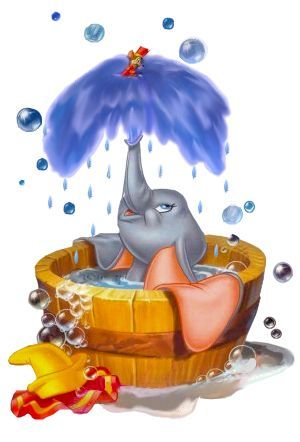Dumbo the elephant bathes in a wooden tub under a blue umbrella held by Timothy Q. Mouse, with bubbles and raindrops around.