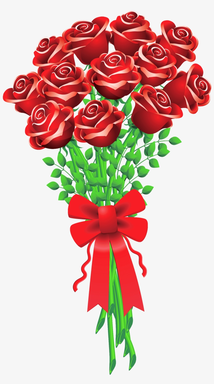 A vibrant bouquet of red roses tied with a glossy red ribbon and green stems and leaves.
