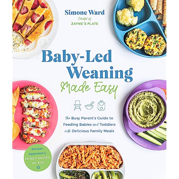 Cookbook cover for "Baby-Led Weaning Made Easy" featuring colorful baby and family meals on plates and trays.