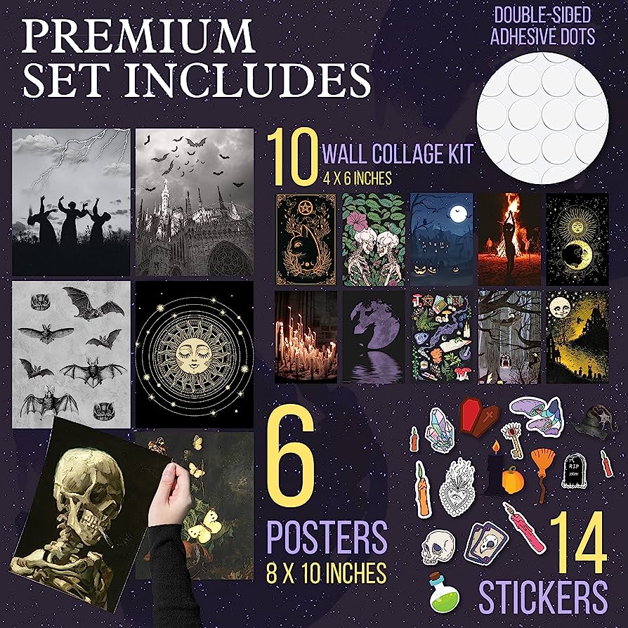 Gothic Premium Wall Decor Set - 10 Collage Cards, 6 Posters & 14 Stickers
