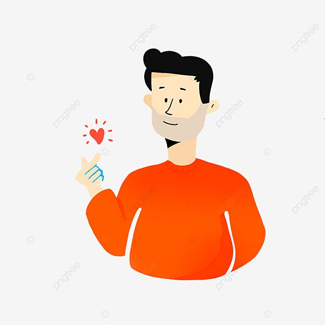 Smiling man in orange sweater holding a glowing red heart icon with sparkles.