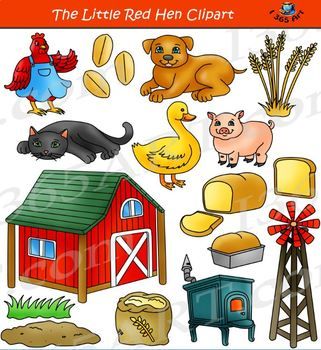 Clipart set featuring a red hen, barn, farm animals (dog, cat, duck, pig), wheat, bread, windmill, and stove.