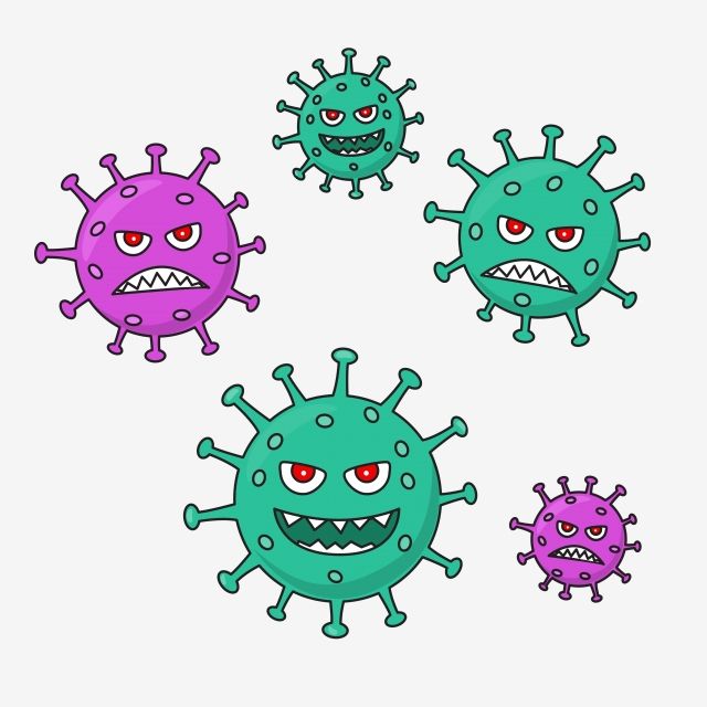 Five cartoon-style virus characters in purple and teal with angry expressions and spike proteins.