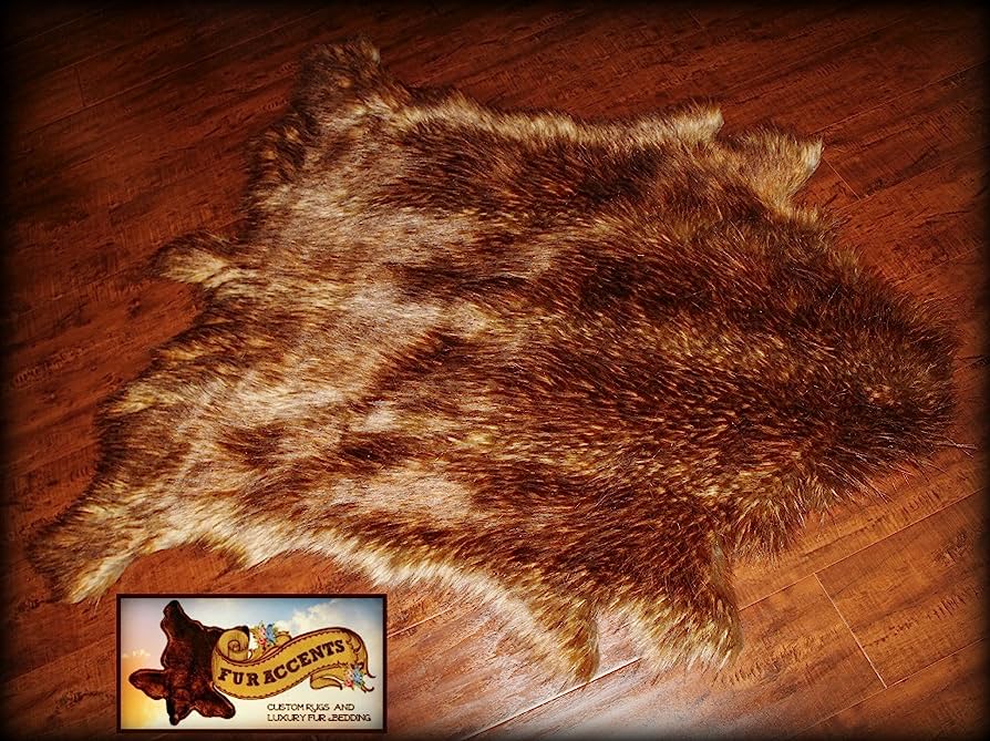 Brown and tan faux fur rug shaped like a bear pelt on hardwood floor, branded by Fur Accents.
