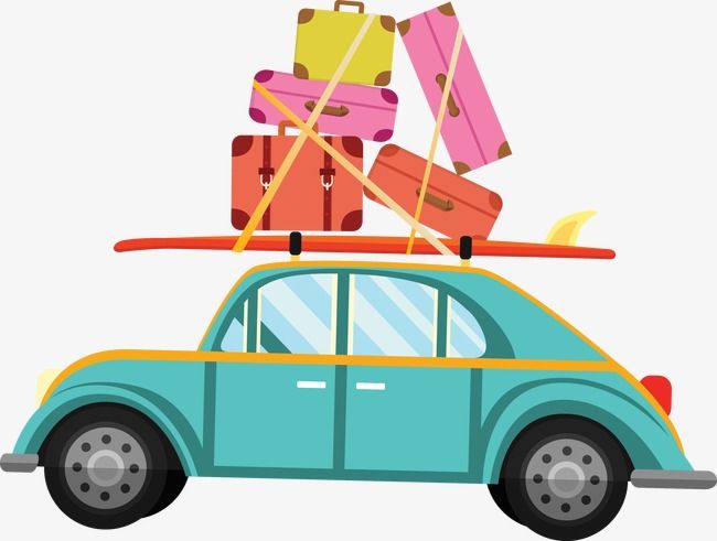 Teal vintage car overloaded with colorful suitcases and a surfboard on roof rack, ready for a fun road trip adventure.