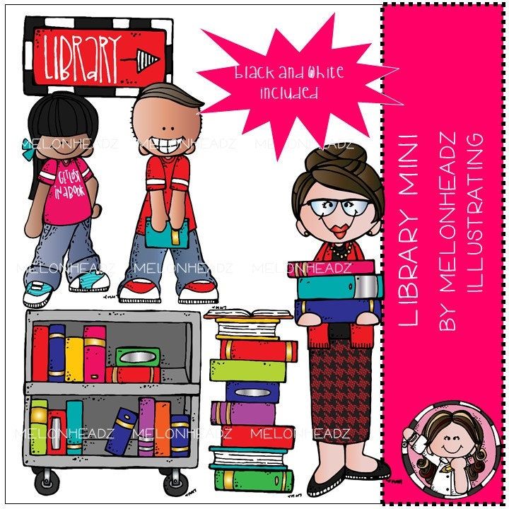 Cartoon illustration of two children and a librarian with books, library cart, and sign; black and white version included.