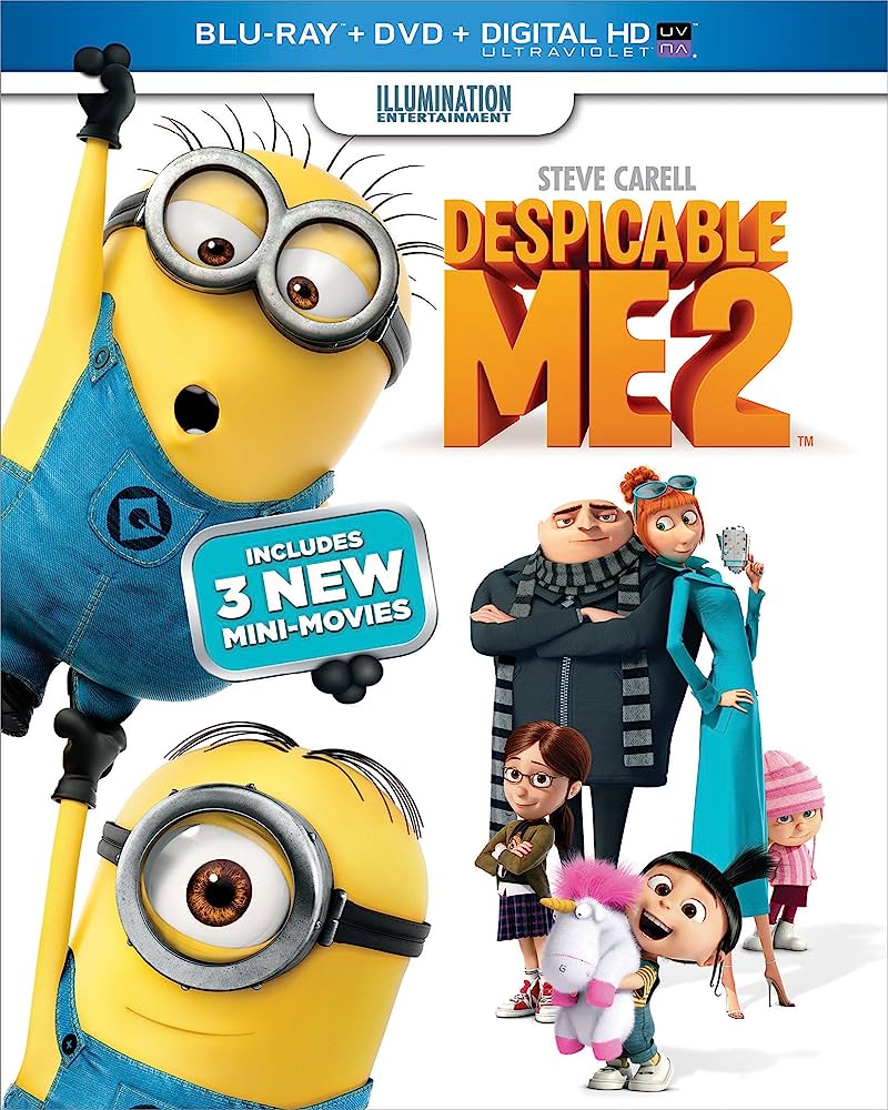 Despicable Me 2 Blu-ray + DVD cover featuring Minions, Gru, Lucy, and the girls with 3 new mini-movies included.
