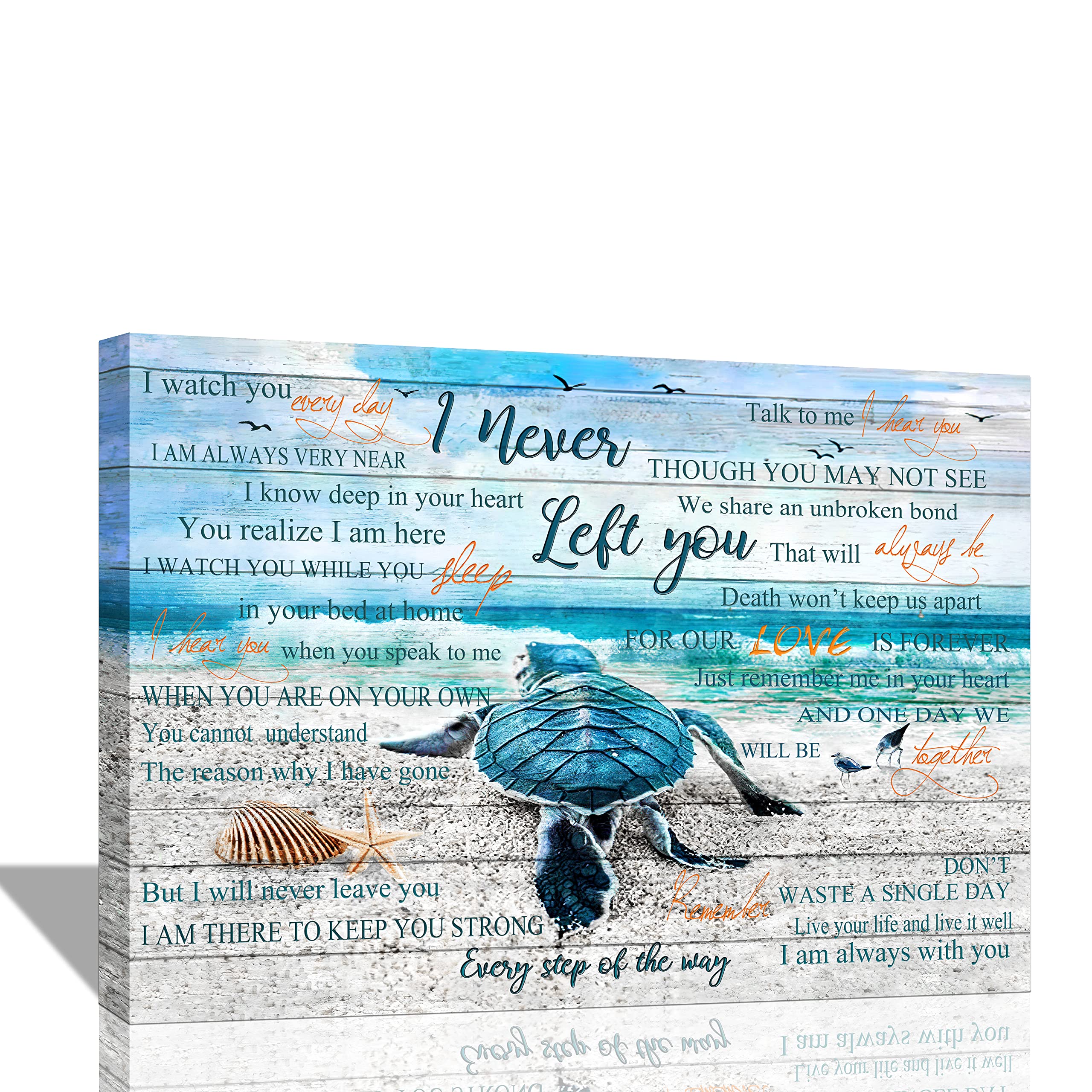 Coastal canvas print with sea turtle, seashell, starfish, and comforting memorial poem about eternal love and presence after loss.
