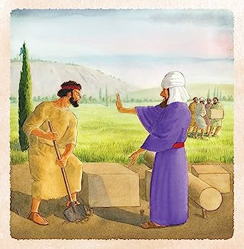 A prophet in purple robes gestures toward a laborer holding a shovel near stone blocks, with onlookers in a pastoral setting.