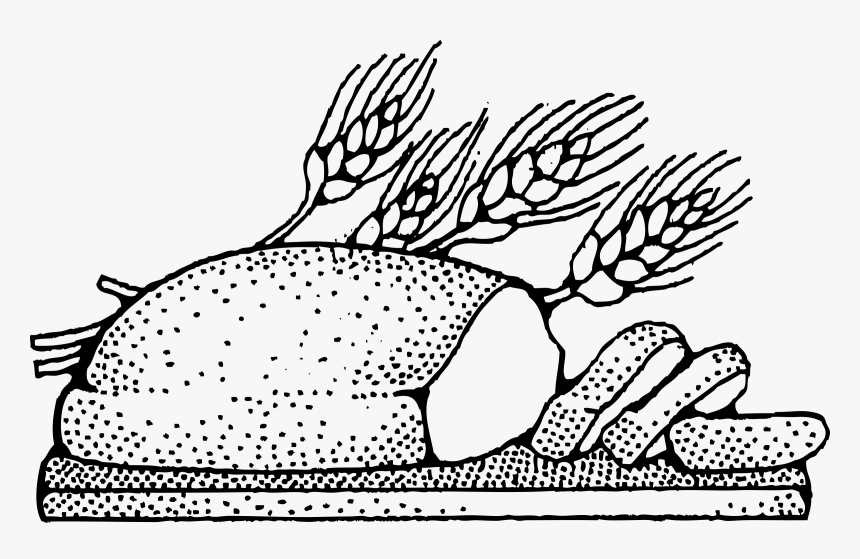 Loaf of whole grain bread with wheat stalks and sliced pieces on a cutting board, black-and-white line drawing.