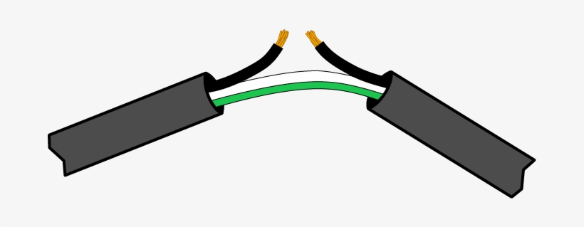 Illustration of a damaged electrical cable with exposed green ground wire and frayed conductors.
