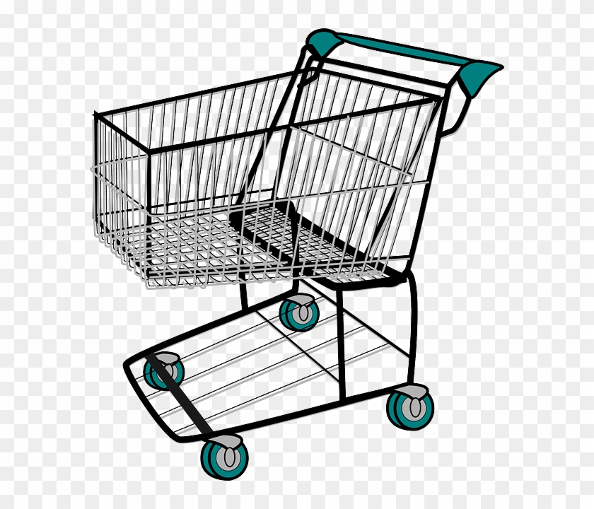 Empty wire-frame shopping cart with teal handle and wheels on transparent background.