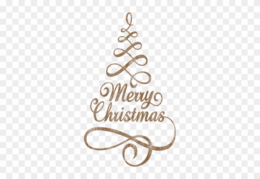 Golden cursive "Merry Christmas" text shaped like a festive tree with ornamental swirls on transparent background.