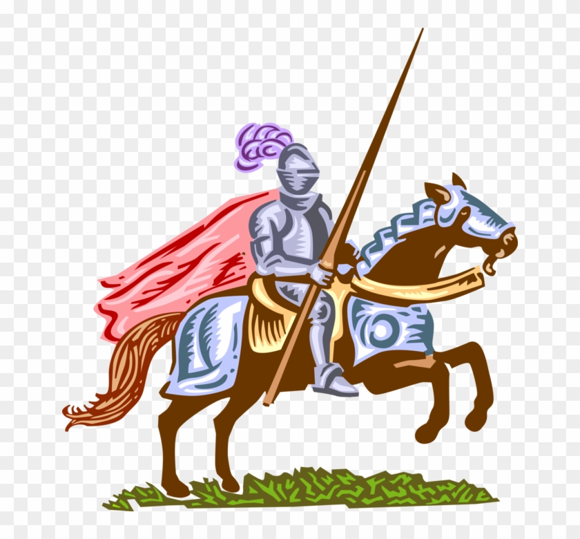Medieval knight in silver armor riding a brown horse with red cape and lance, stylized illustration.