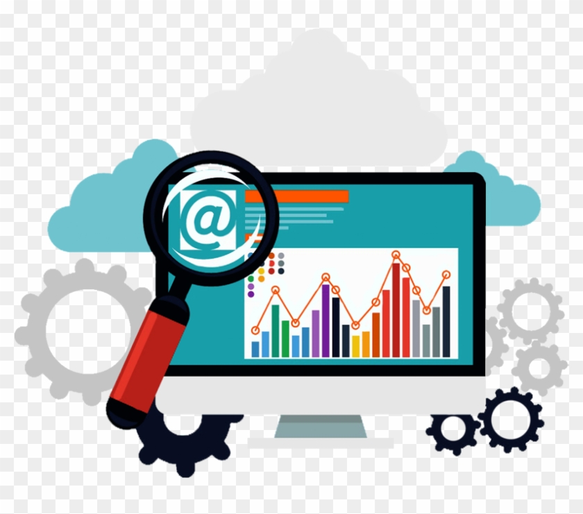 Magnifying glass over email icon on computer screen with analytics charts and gears, symbolizing digital marketing analysis.