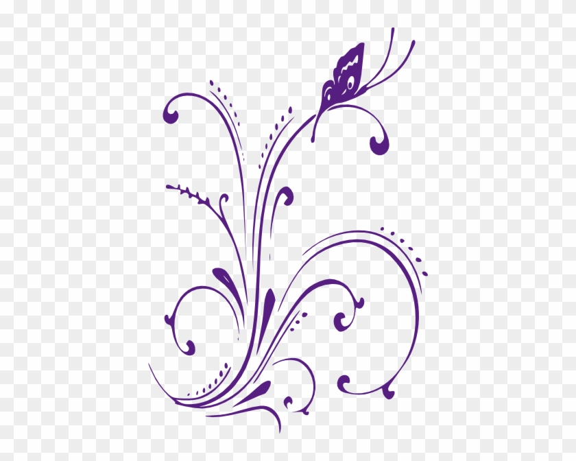 Purple ornamental floral swirl with butterfly accent on transparent background