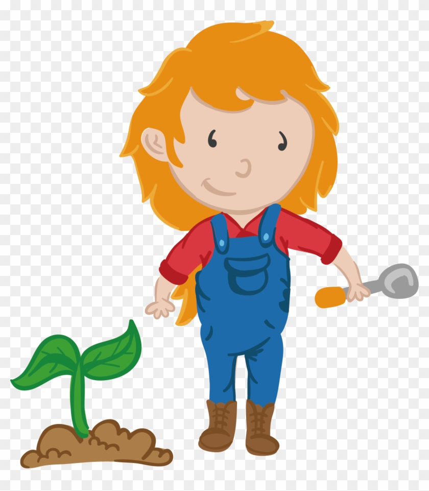 Cartoon child with orange hair, blue overalls, and a trowel planting a green sprout in soil.
