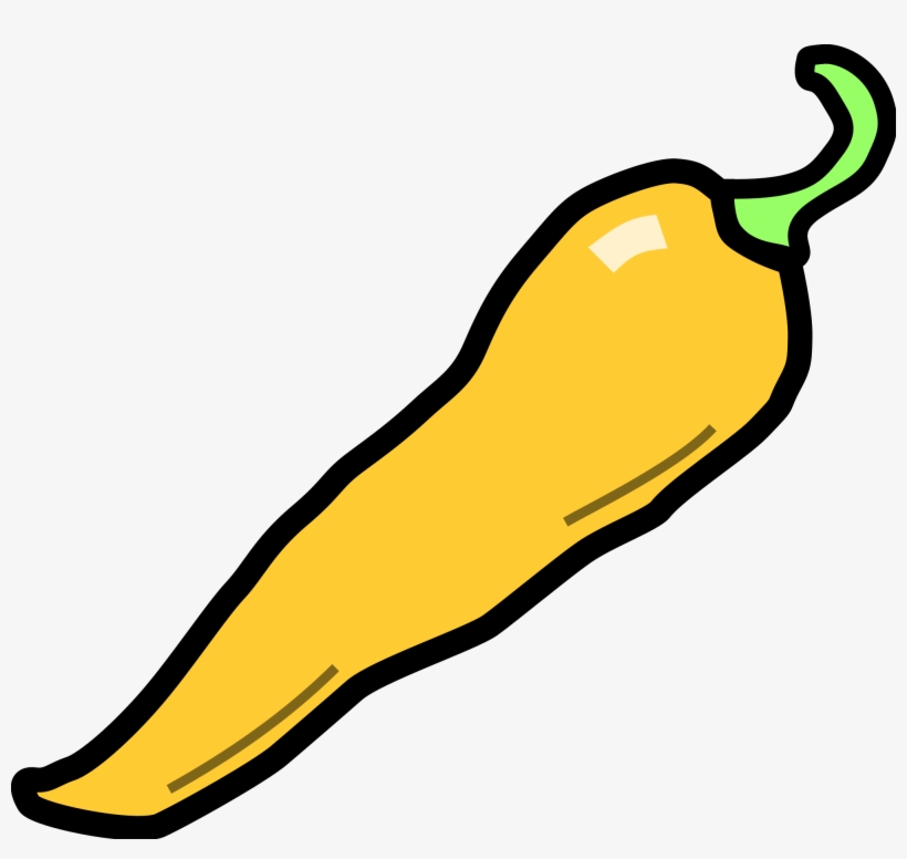 Bright yellow chili pepper with green stem, cartoon-style illustration.