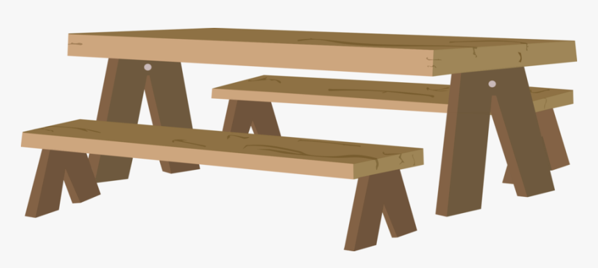 Wooden picnic table with two attached benches, rustic A-frame legs, natural wood finish.