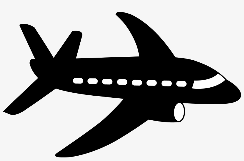 Black silhouette of a commercial passenger airplane in flight, side view with windows and engines visible.