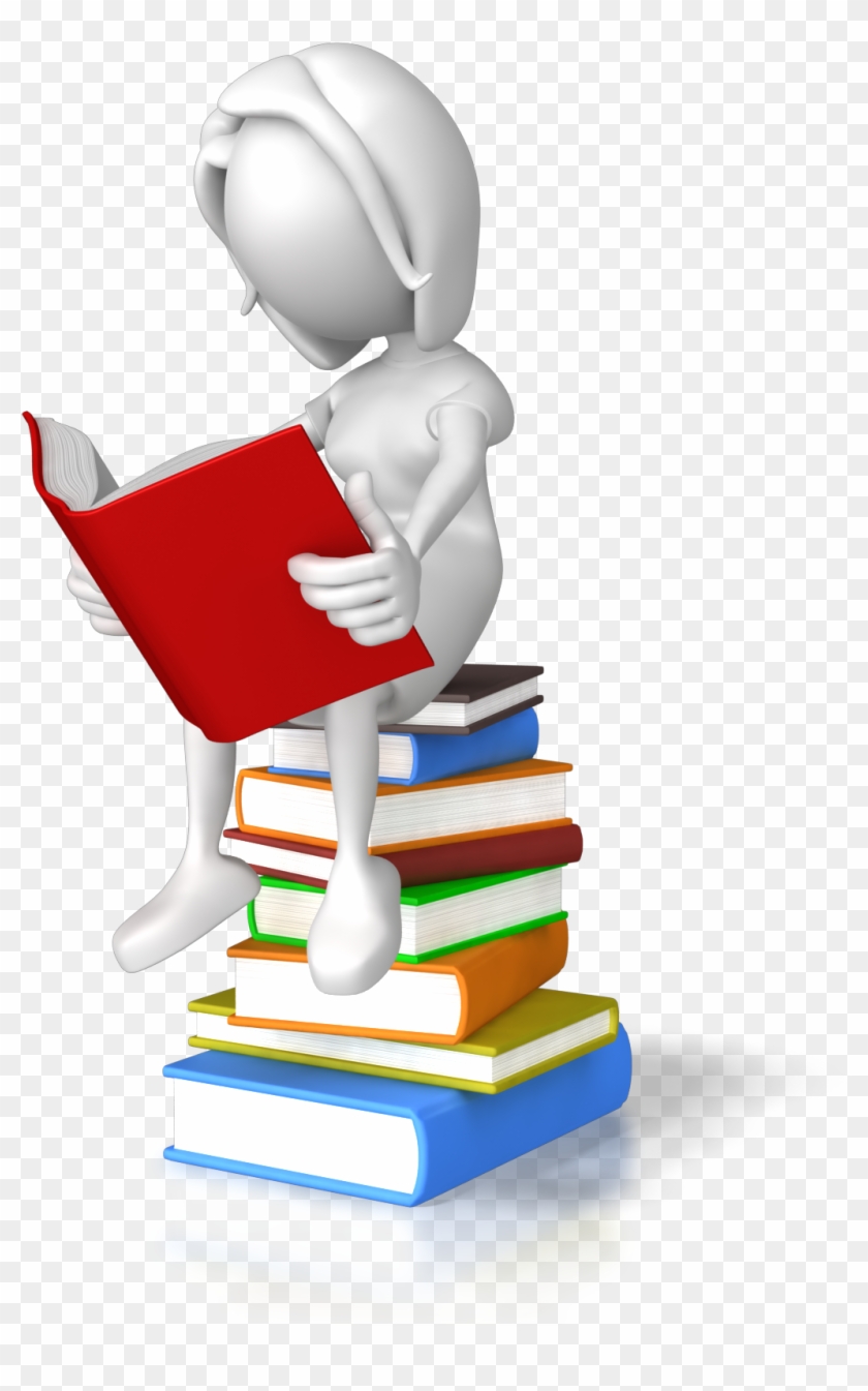 3D white figure sitting on colorful book stack, reading a red book.