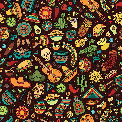 Vibrant Mexican-themed seamless pattern with skulls, sombreros, cacti, guitars, tacos, and folk art motifs on dark background.