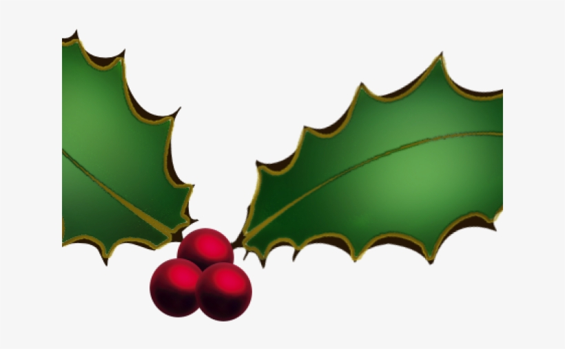 Illustration of two green holly leaves with spiky edges and three glossy red berries, a classic Christmas symbol.