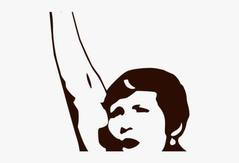 Woman raising arm in empowerment gesture, stylized silhouette illustration.